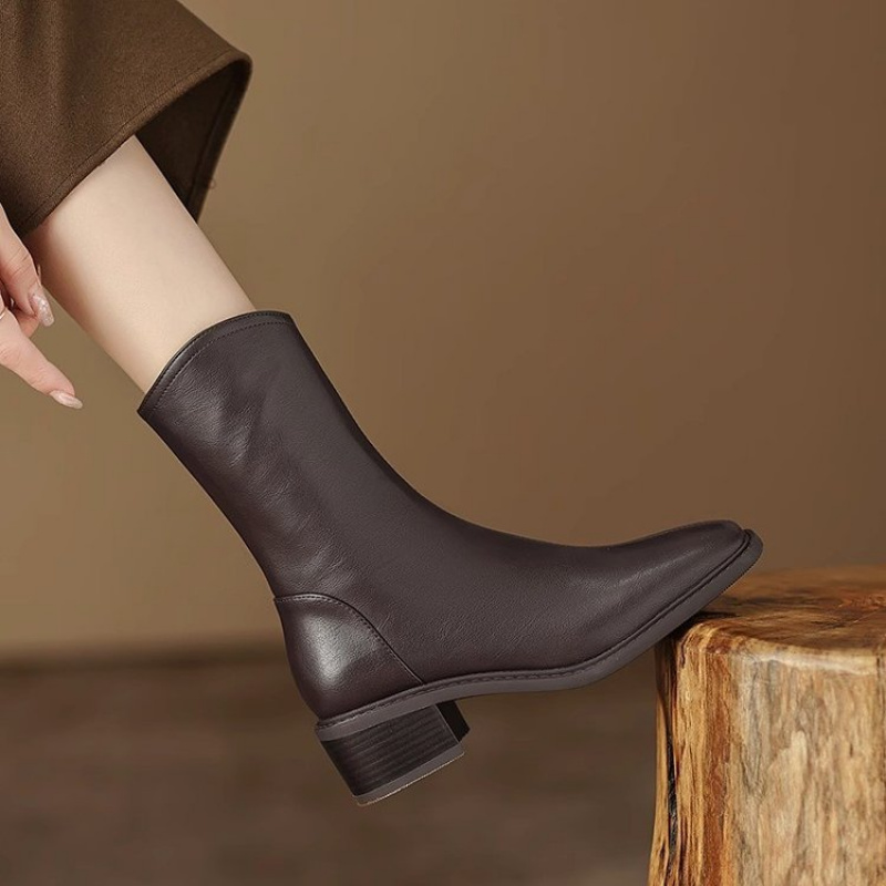 Women Square Toe Leather Ankle - Vintage Fashion Dresses 评论和价格