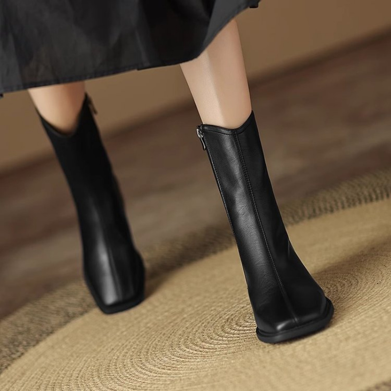 Women Square Toe Leather Ankle - Vintage Fashion Dresses 评论和价格